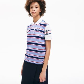 Lacoste Classic Fit Striped Cotton Polo Shirt - Polo Dámské Fialové / Tmavě Blankyt Blankyt / Bílé /